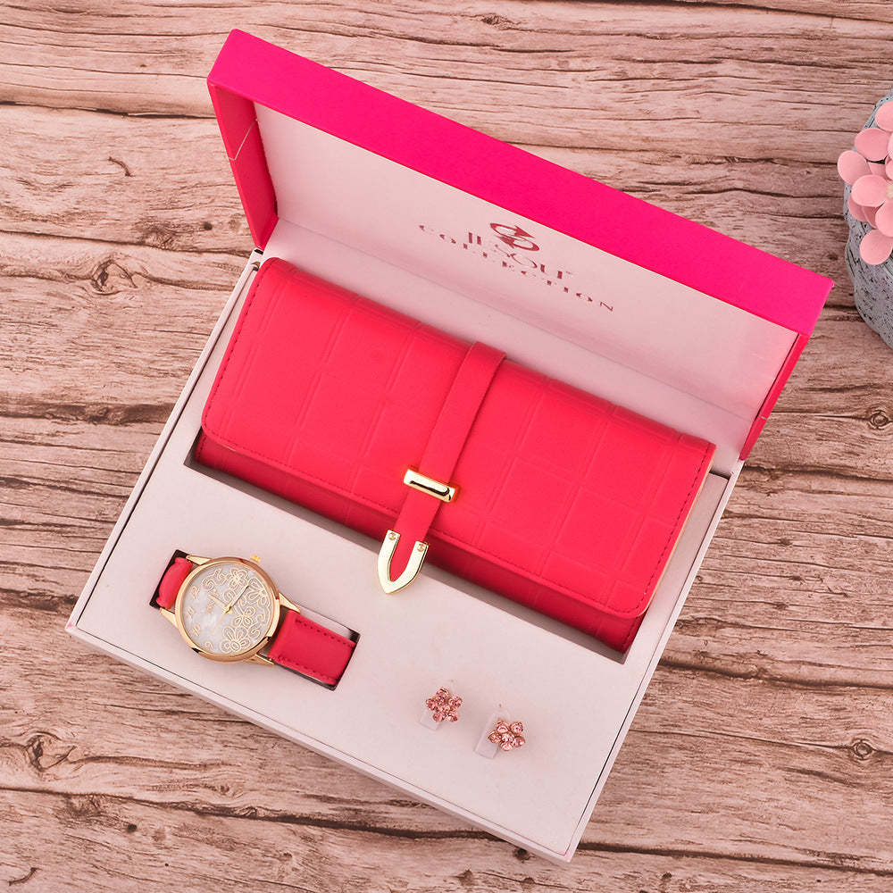 Women's Wallet, Watch, and Earrings Three-Piece Set