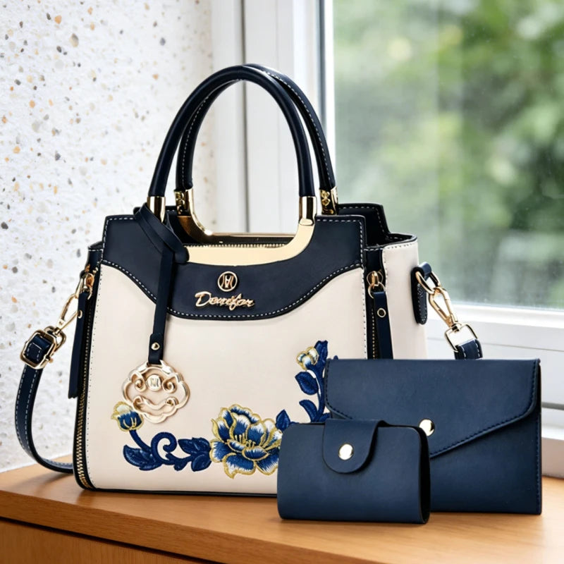 3-piece set of high-quality embroidered handbags, suitable for daily outings, dates and work. Fashionable versatile color-blocki