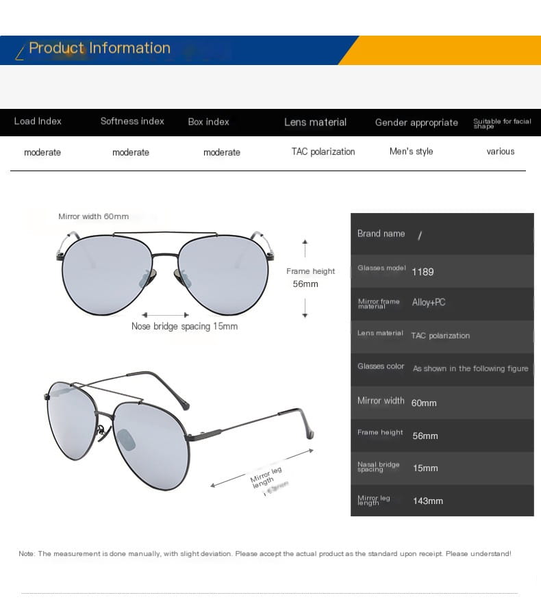 W1189 aviator sunglasses dimensions: 60 mm lens width, 56 mm frame height, 15 mm bridge and 143 mm temples