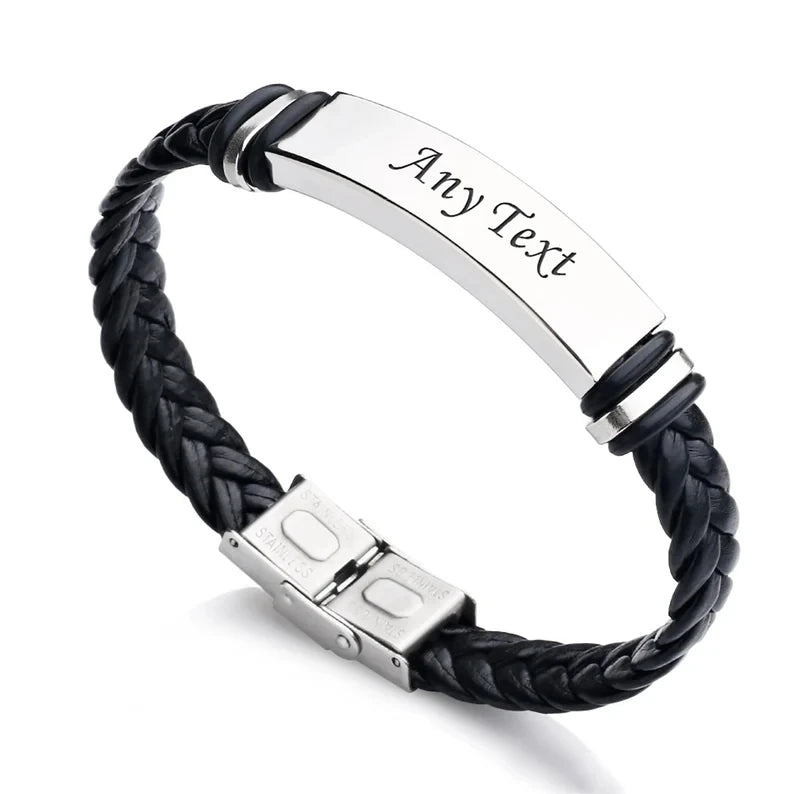 Custom Name Logo Any Text Engraved Leather Bangle & Bracelet Personalized Stainless Steel Bracelets For Women Men ID Bracelet