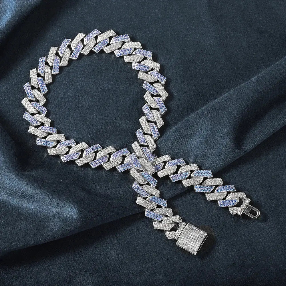 3pcs Hip-hop Watch Jewelry Set Iced Out Punk Blue&Silver Cuban Chain + Bracelet Inlay Diamond Watch For Men Women Trend