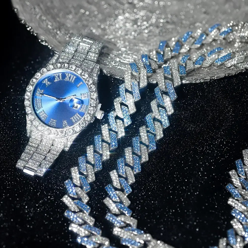 3pcs Hip-hop Watch Jewelry Set Iced Out Punk Blue&Silver Cuban Chain + Bracelet Inlay Diamond Watch For Men Women Trend