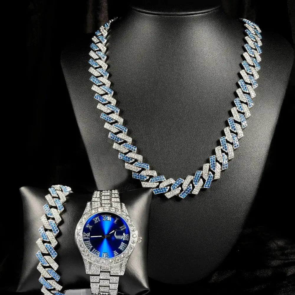 3pcs Hip-hop Watch Jewelry Set Iced Out Punk Blue&Silver Cuban Chain + Bracelet Inlay Diamond Watch For Men Women Trend