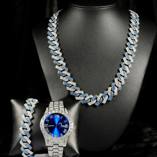 3pcs Hip-hop Watch Jewelry Set Iced Out Punk Blue&Silver Cuban Chain + Bracelet Inlay Diamond Watch For Men Women Trend