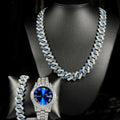 3pcs Hip-hop Watch Jewelry Set Iced Out Punk Blue&Silver Cuban Chain + Bracelet Inlay Diamond Watch For Men Women Trend