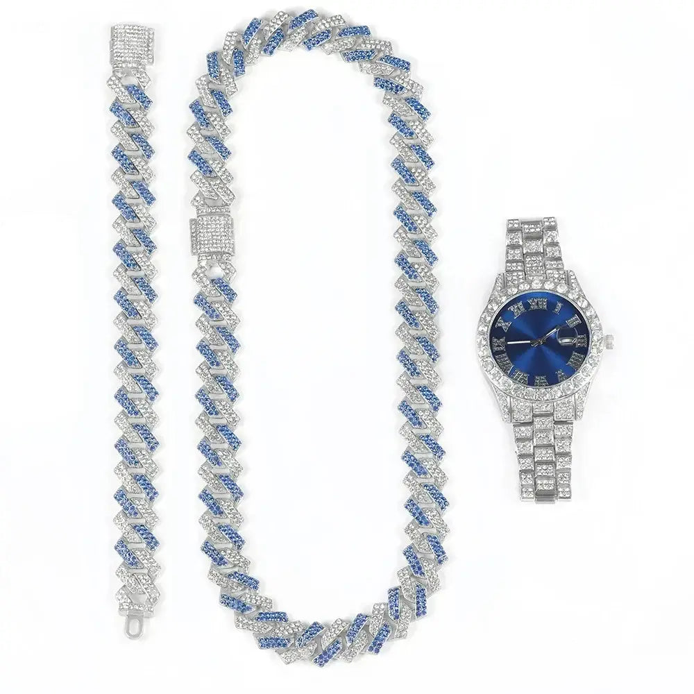 3pcs Hip-hop Watch Jewelry Set Iced Out Punk Blue&Silver Cuban Chain + Bracelet Inlay Diamond Watch For Men Women Trend
