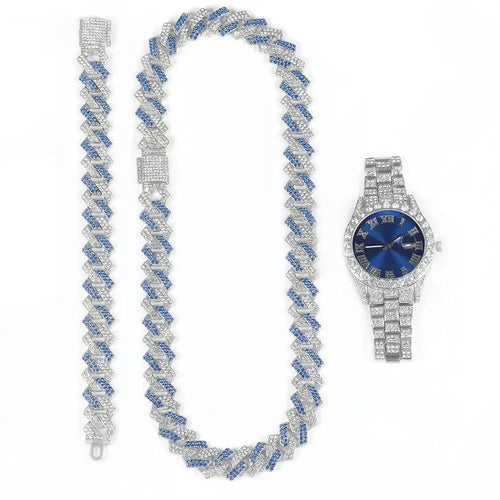 3pcs Hip-hop Watch Jewelry Set Iced Out Punk Blue&Silver Cuban Chain + Bracelet Inlay Diamond Watch For Men Women Trend