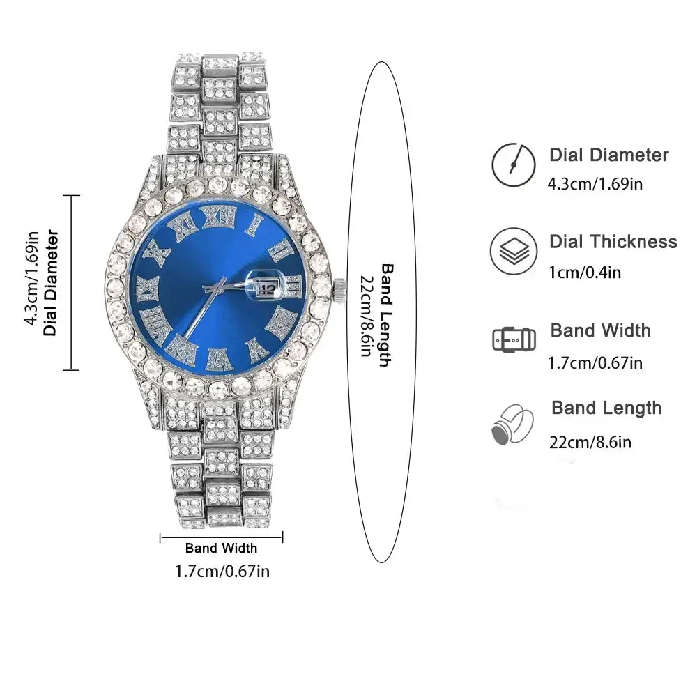 3pcs Hip-hop Watch Jewelry Set Iced Out Punk Blue&Silver Cuban Chain + Bracelet Inlay Diamond Watch For Men Women Trend