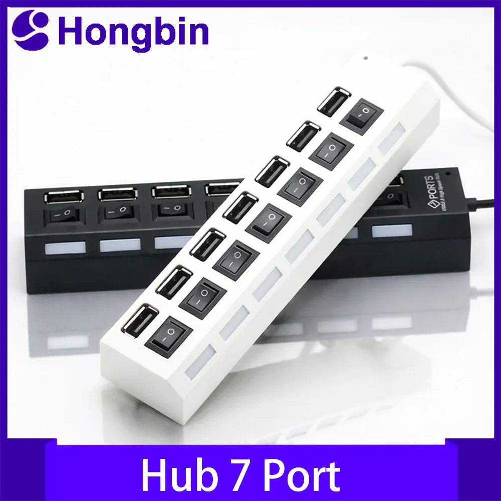 R&z - Hub 7 Port Multi USB Splitter Power Adapter Multiple Expander With On Off Switch For PC Laptop MacBook