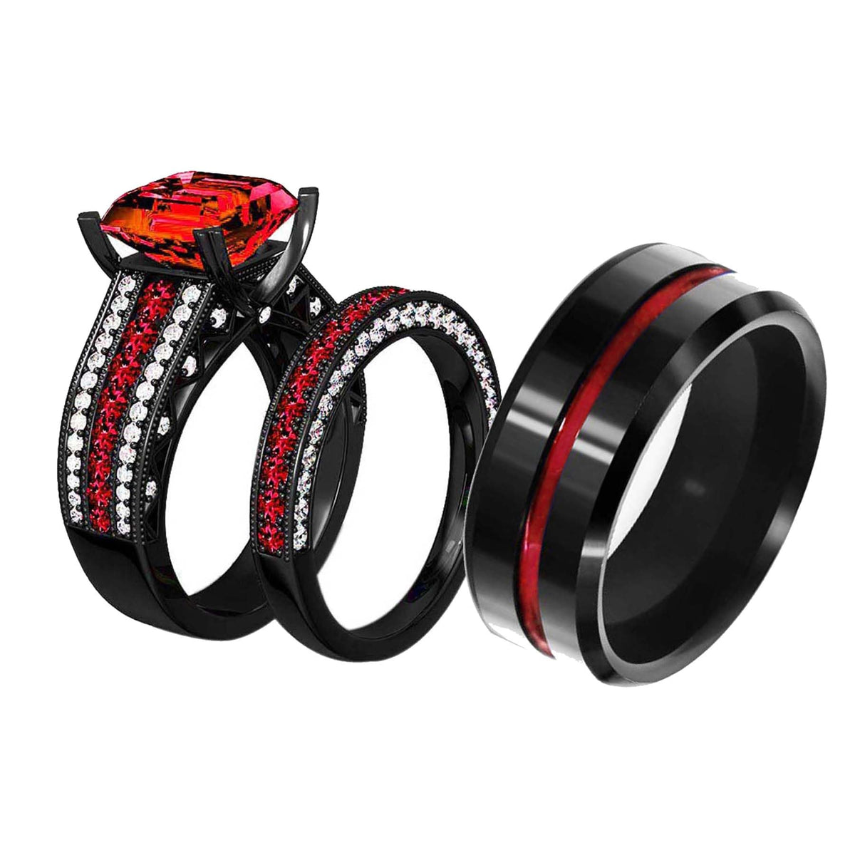 His &amp; Hers Black &amp; Red CZ Wedding Ring Set – 3 Piece