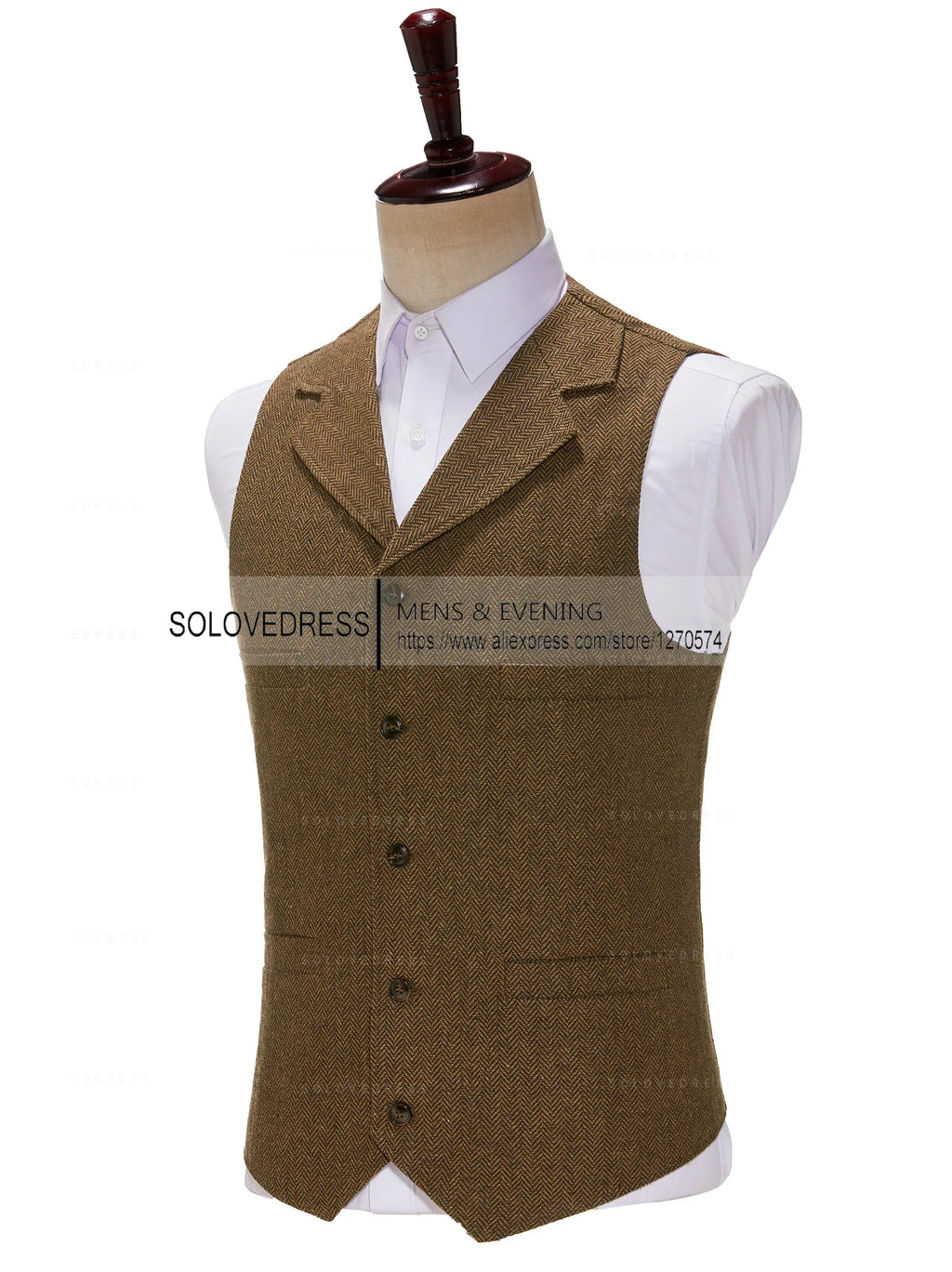 R&z -  Vest Lapel V Neck Wool Herringbone Casual Brown Waistcoat Casual Formal