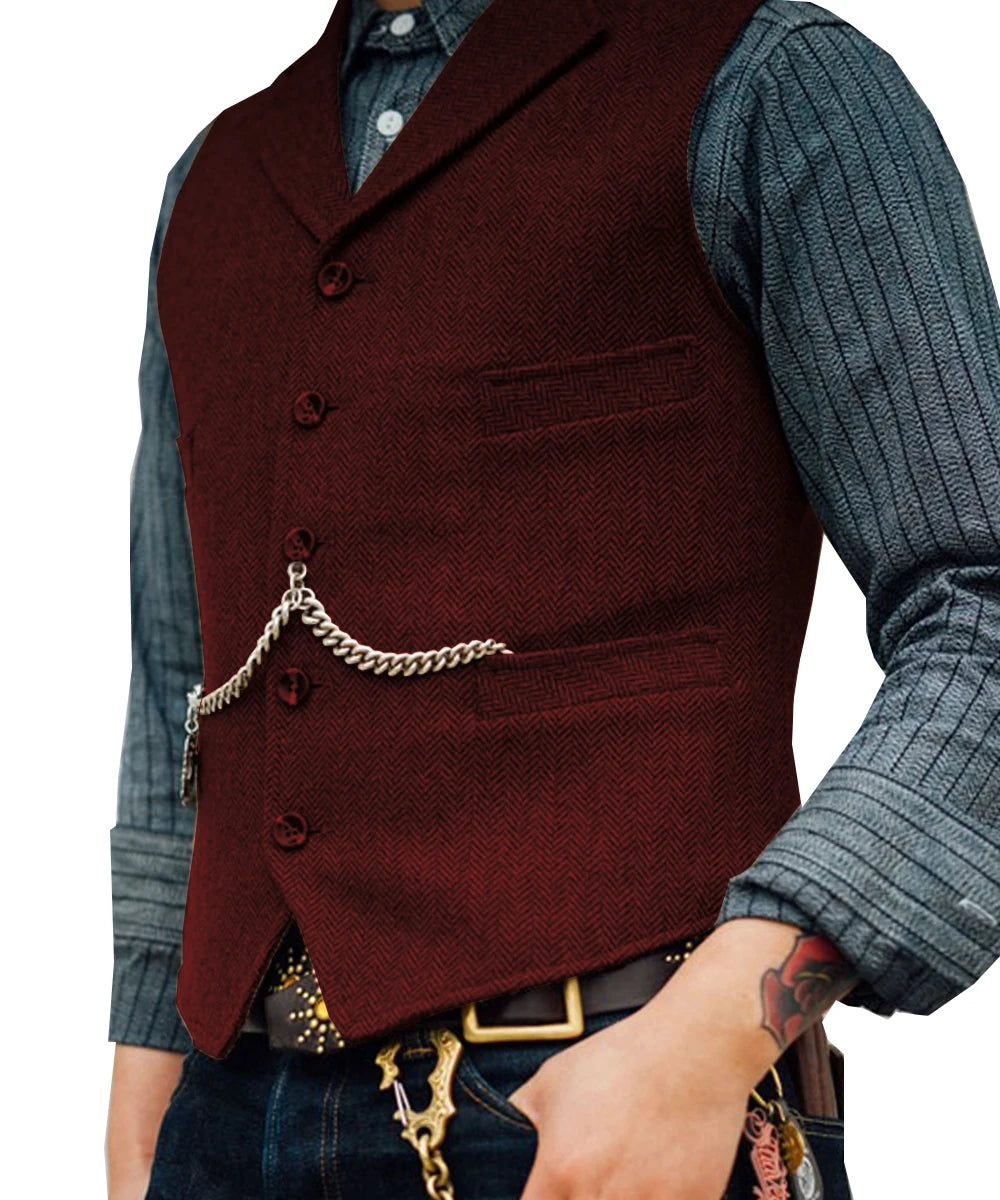 R&z -  Vest Lapel V Neck Wool Herringbone Casual Brown Waistcoat Casual Formal