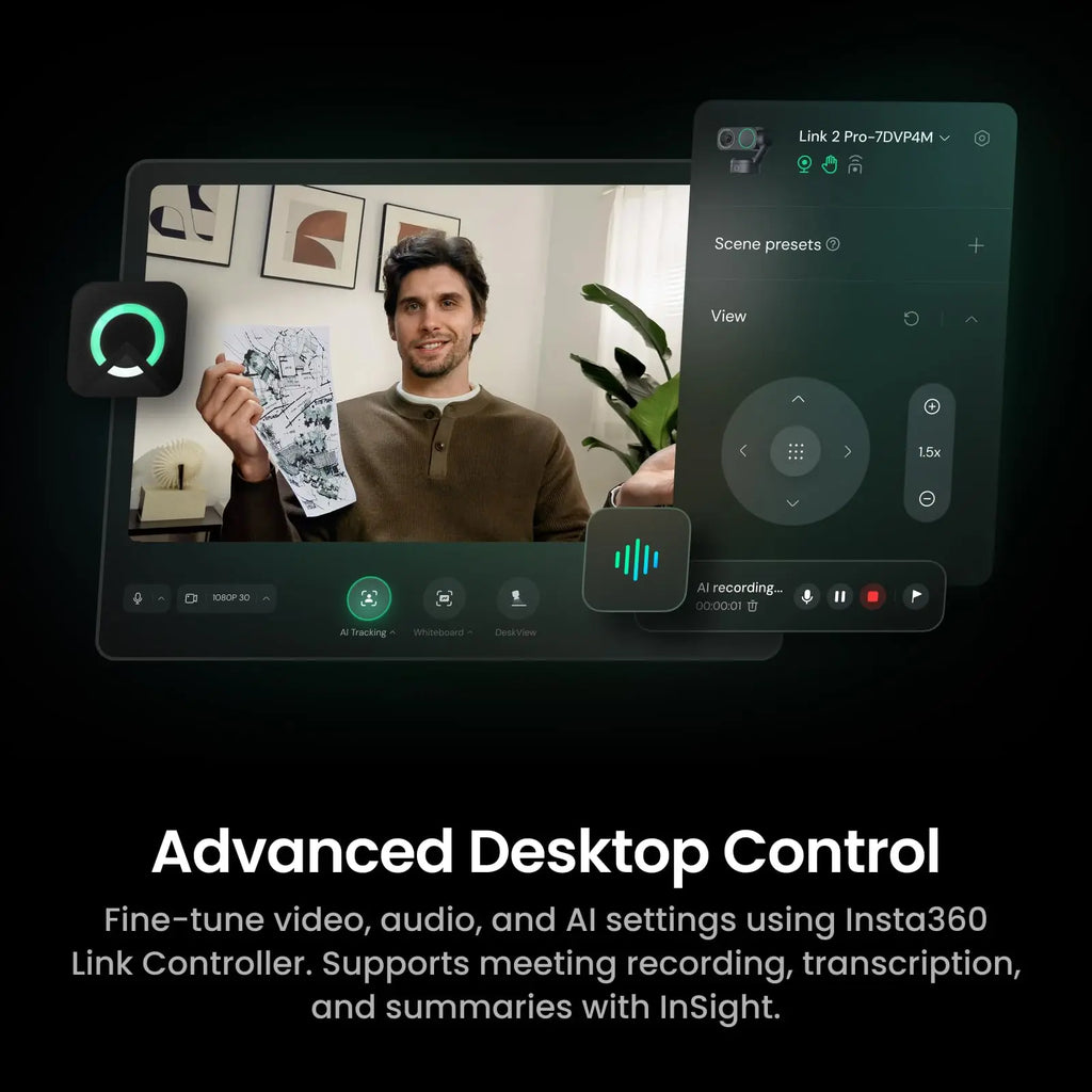 Insta360 Link 2 Pro 4K PTZ Webcam for PC/Mac with 1/1.3" Sensor Low-Light AI Tracking HDR Directional Noise-Canceling Mics