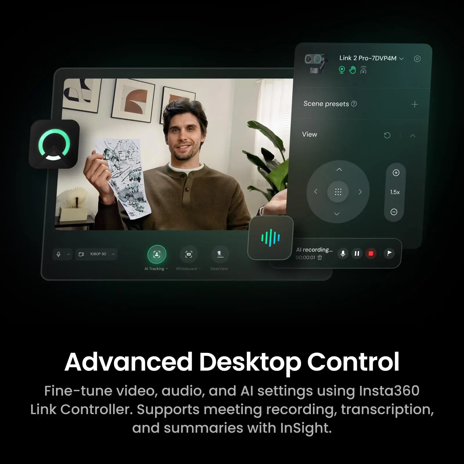 Insta360 Link 2 Pro 4K PTZ Webcam for PC/Mac with 1/1.3" Sensor Low-Light AI Tracking HDR Directional Noise-Canceling Mics