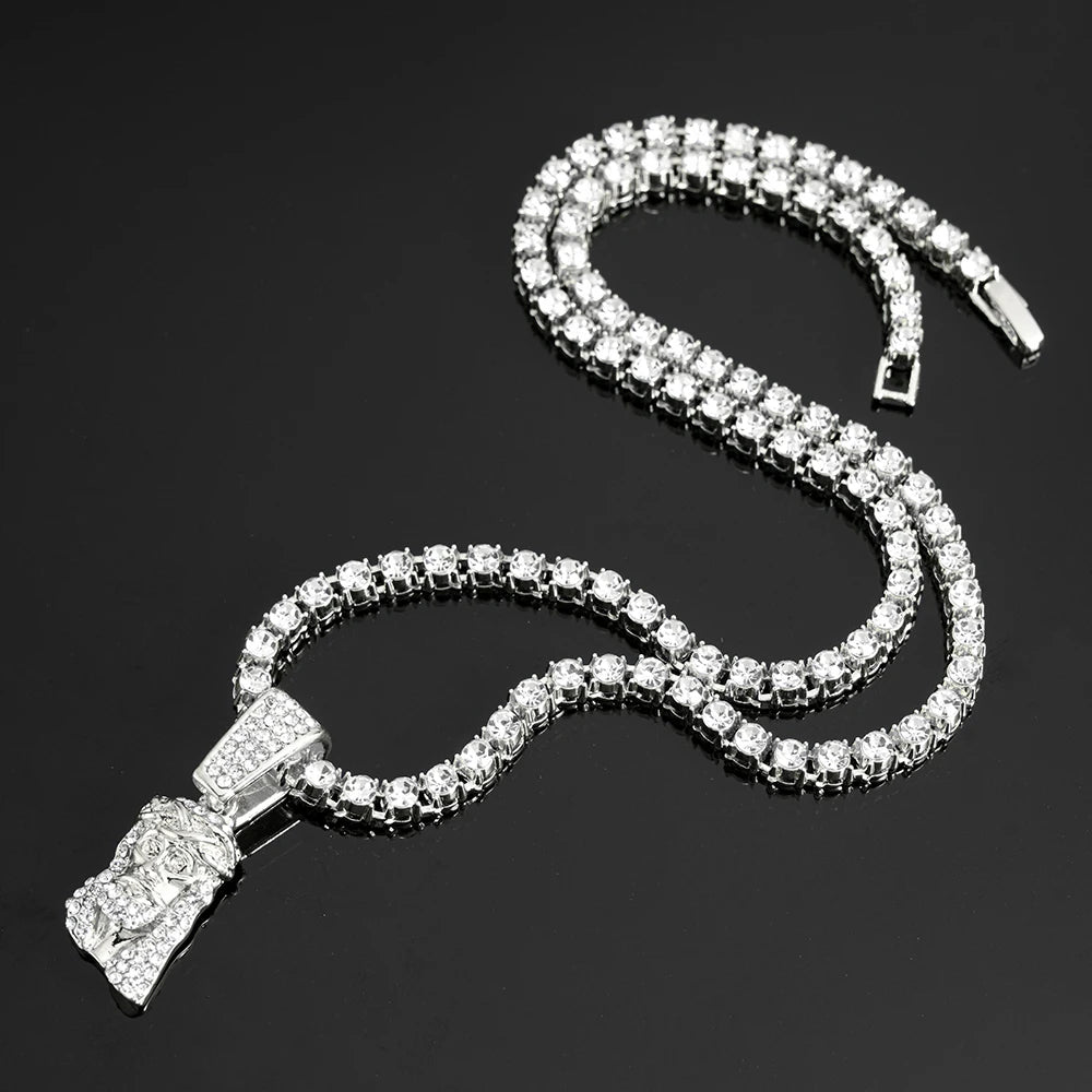 Hip Hop Jesus Human Head Luxury Gold Plated Pendant Men 4mm Rhinestone Tennis Chain Necklace Sparkling Women Punk Jewelry Gift