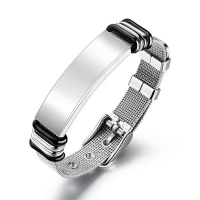 Custom Stainless Steel Bracelet Simple Casual Leather Woven Bracelet Engraved Titanium Leather Bracelet for Men Stainless Steel