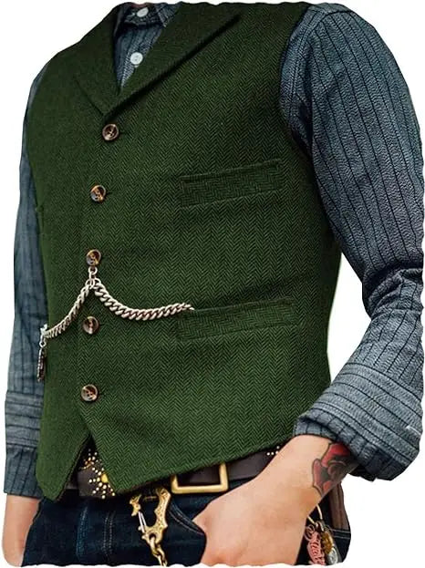 R&z - Vest Lapel V Neck Herringbone Casual Business Vest Waistcoat Groomman For Wedding Tweed Business Waistcoat