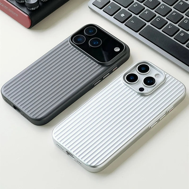 Fashion Plating Luggage Stripes For MagSafe Phone Case For iPhone 18 17 16 15 14 Pro Max Shockproof Wireless Charge Matte Cover