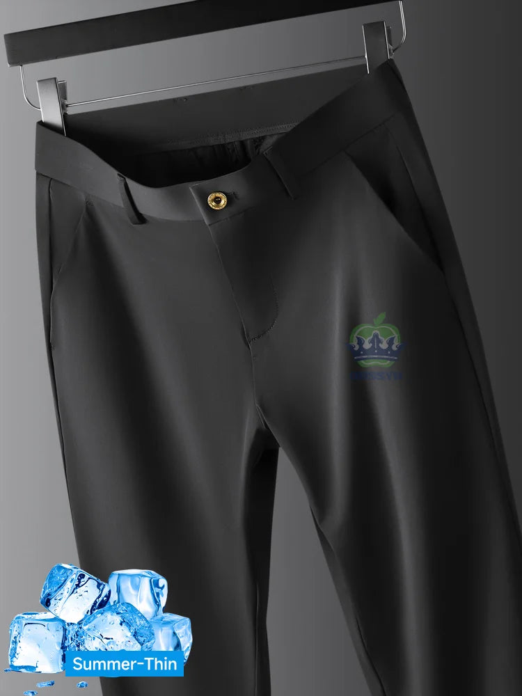 R&z -  Summer Thin Ice Silk Business Pants Men Elastic Waist Classic Work
