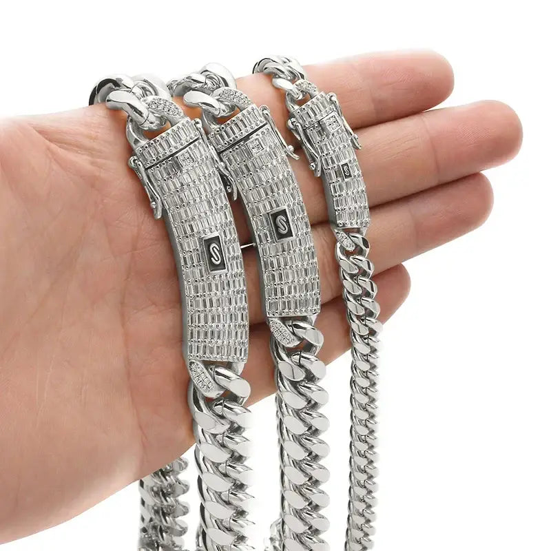 6-14mm Gold Silver Color Stainless Steel Cuban Miami Chains Necklaces CZ Zircon Box Lock Link Chain for Men Hip Hop