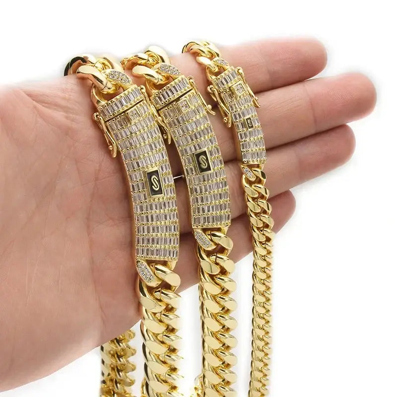 6-14mm Gold Silver Color Stainless Steel Cuban Miami Chains Necklaces CZ Zircon Box Lock Link Chain for Men Hip Hop