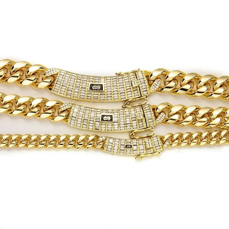 6-14mm Gold Silver Color Stainless Steel Cuban Miami Chains Necklaces CZ Zircon Box Lock Link Chain for Men Hip Hop