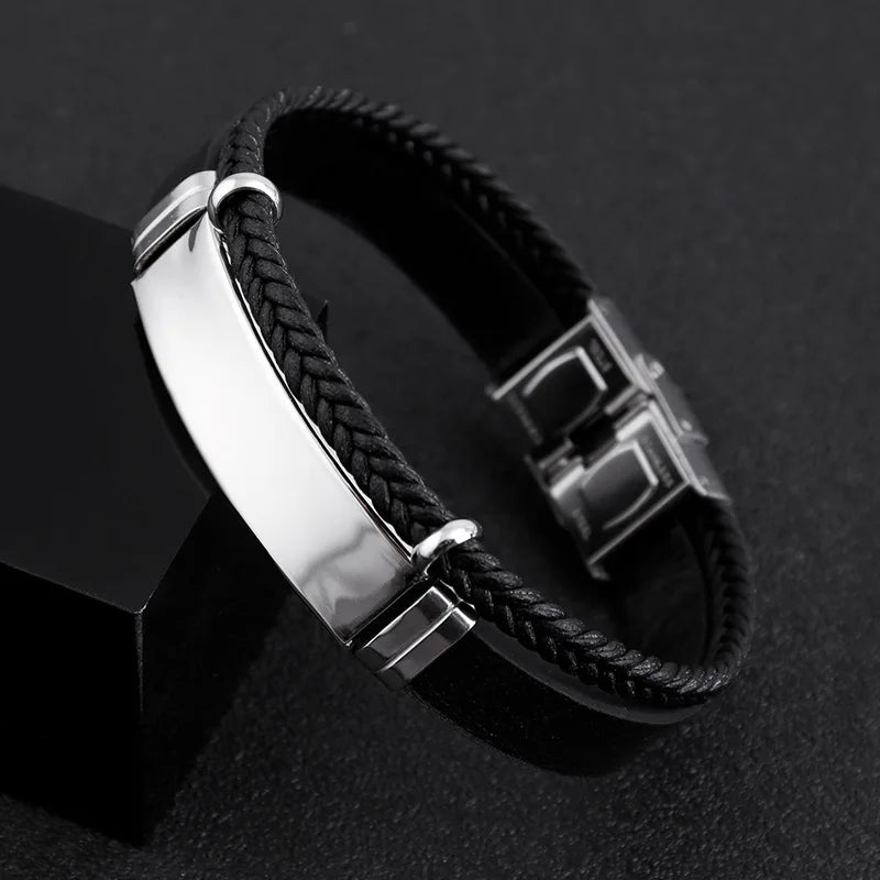 Custom Stainless Steel Bracelet Simple Casual Leather Woven Bracelet Engraved Titanium Leather Bracelet for Men Stainless Steel