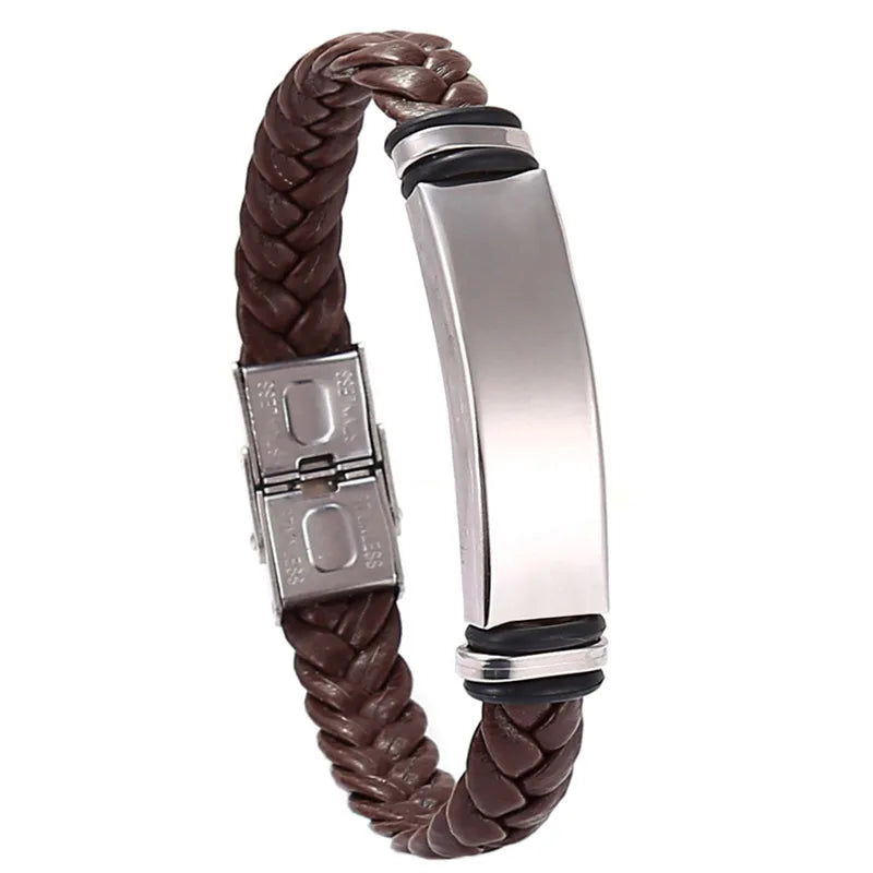 Custom Stainless Steel Bracelet Simple Casual Leather Woven Bracelet Engraved Titanium Leather Bracelet for Men Stainless Steel