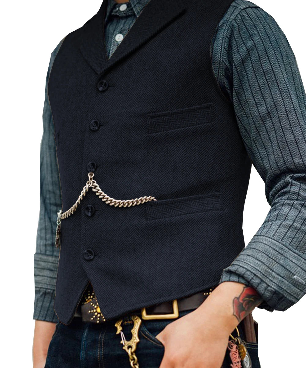 R&z -  Vest Lapel V Neck Wool Herringbone Casual Brown Waistcoat Casual Formal