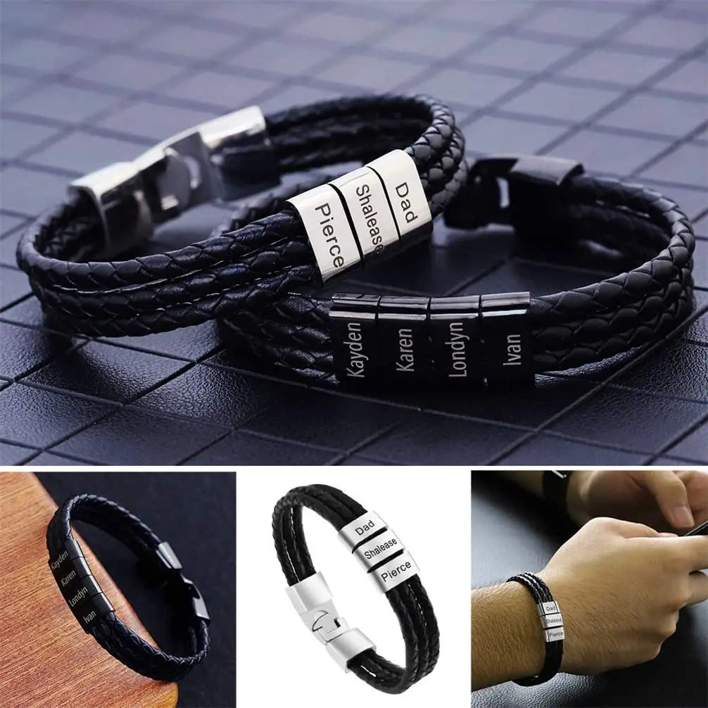 Custom Men Bracelets with Names Engraved Bracelet for Men Personalzied Braided Leather Bracelet for Men Fathers Day Bracelet