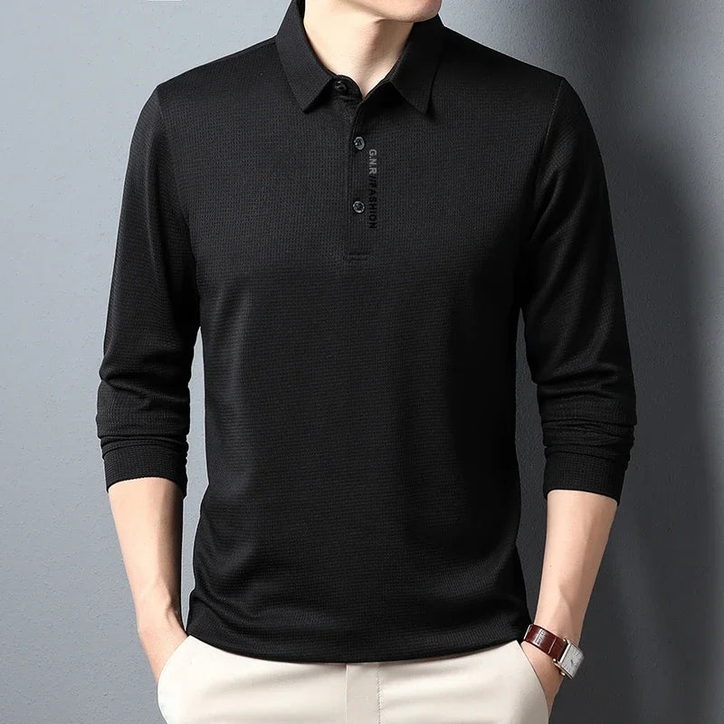 R&z - Men's Waffle Long Sleeved POLO Shirt with Letter Printed Lapel Casual Top