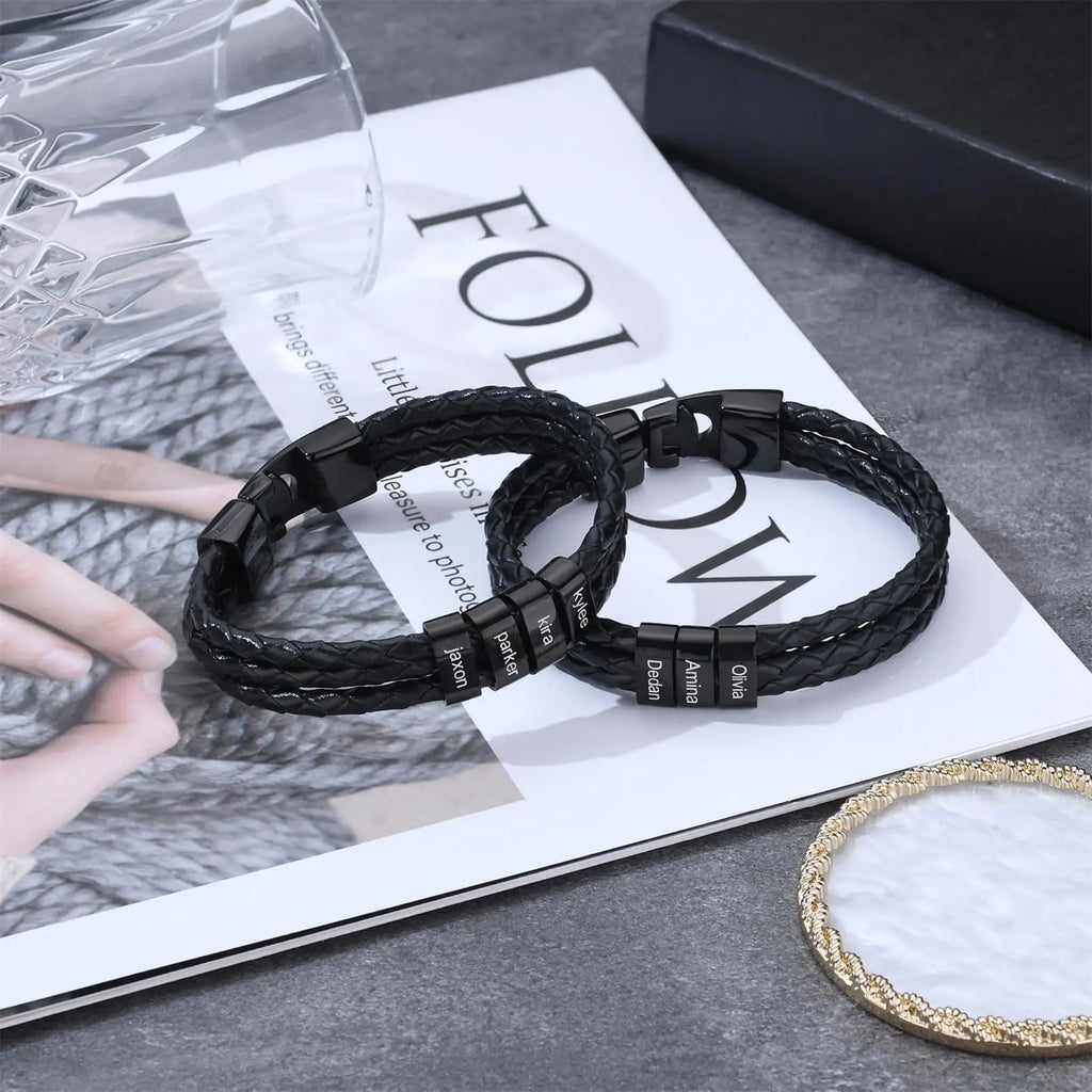 Custom Men Bracelets with Names Engraved Bracelet for Men Personalzied Braided Leather Bracelet for Men Fathers Day Bracelet