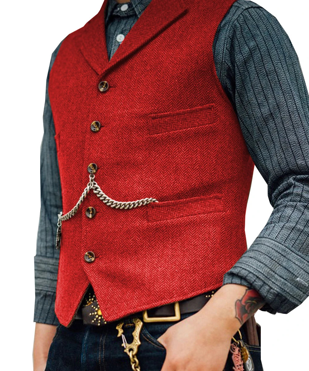 R&z -  Vest Lapel V Neck Wool Herringbone Casual Brown Waistcoat Casual Formal