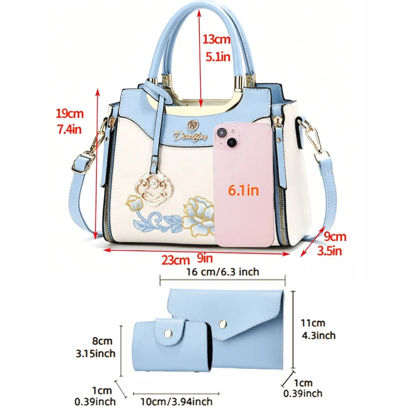 3-piece set of high-quality embroidered handbags, suitable for daily outings, dates and work. Fashionable versatile color-blocki