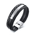 Vnox Custom Logo Name Quote Engrave Multi-layer Leather Bracelets for Men Stainless Steel ID Bangle Personalize Dad Father Gift