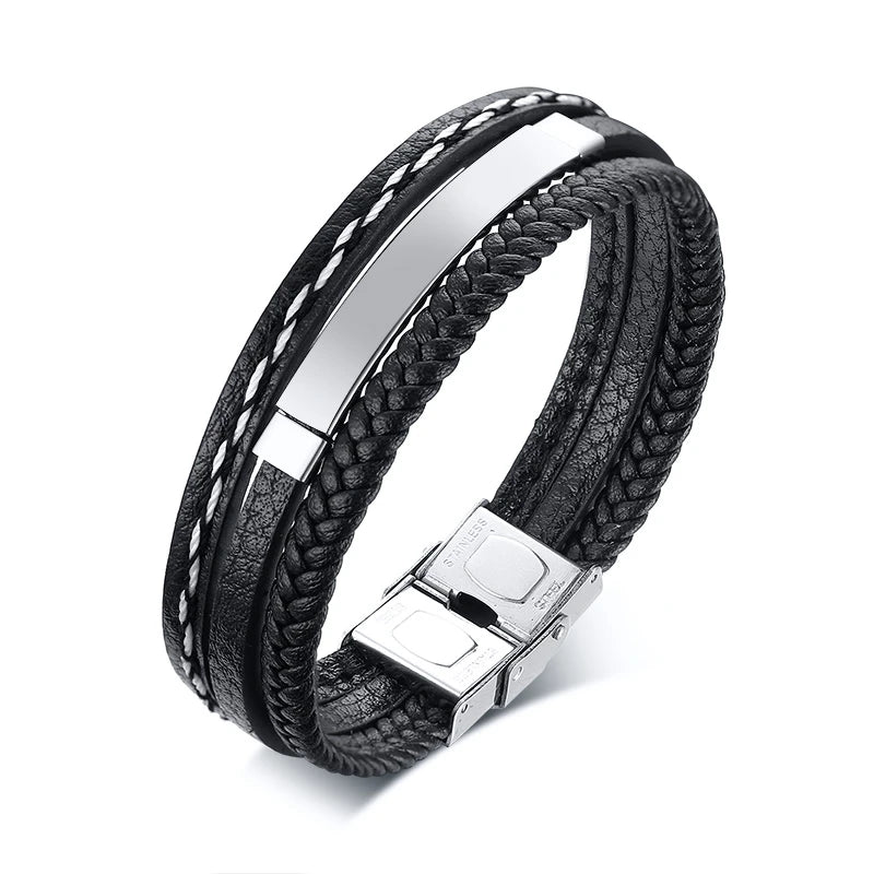 Vnox Custom Logo Name Quote Engrave Multi-layer Leather Bracelets for Men Stainless Steel ID Bangle Personalize Dad Father Gift