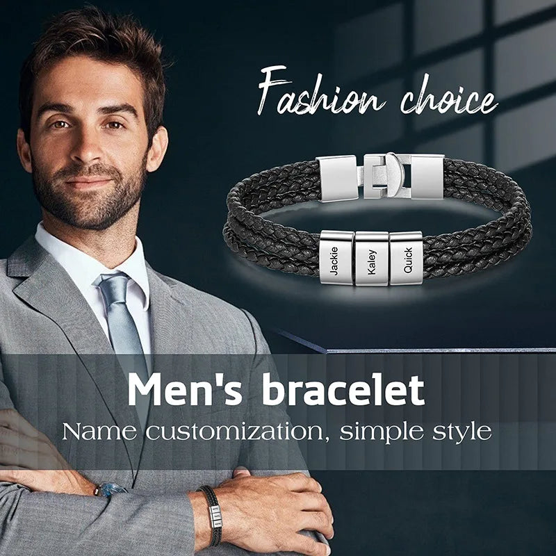 Custom Men Bracelets with Names Engraved Bracelet for Men Personalzied Braided Leather Bracelet for Men Fathers Day Bracelet