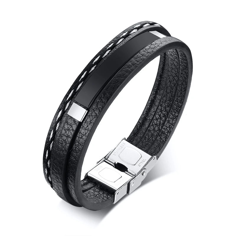Vnox Custom Logo Name Quote Engrave Multi-layer Leather Bracelets for Men Stainless Steel ID Bangle Personalize Dad Father Gift