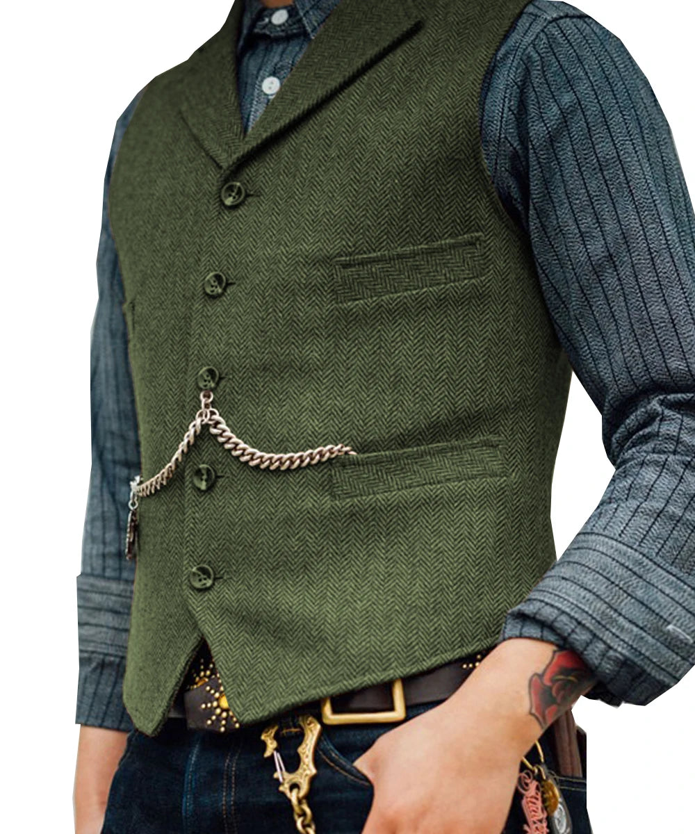 R&z -  Vest Lapel V Neck Wool Herringbone Casual Brown Waistcoat Casual Formal