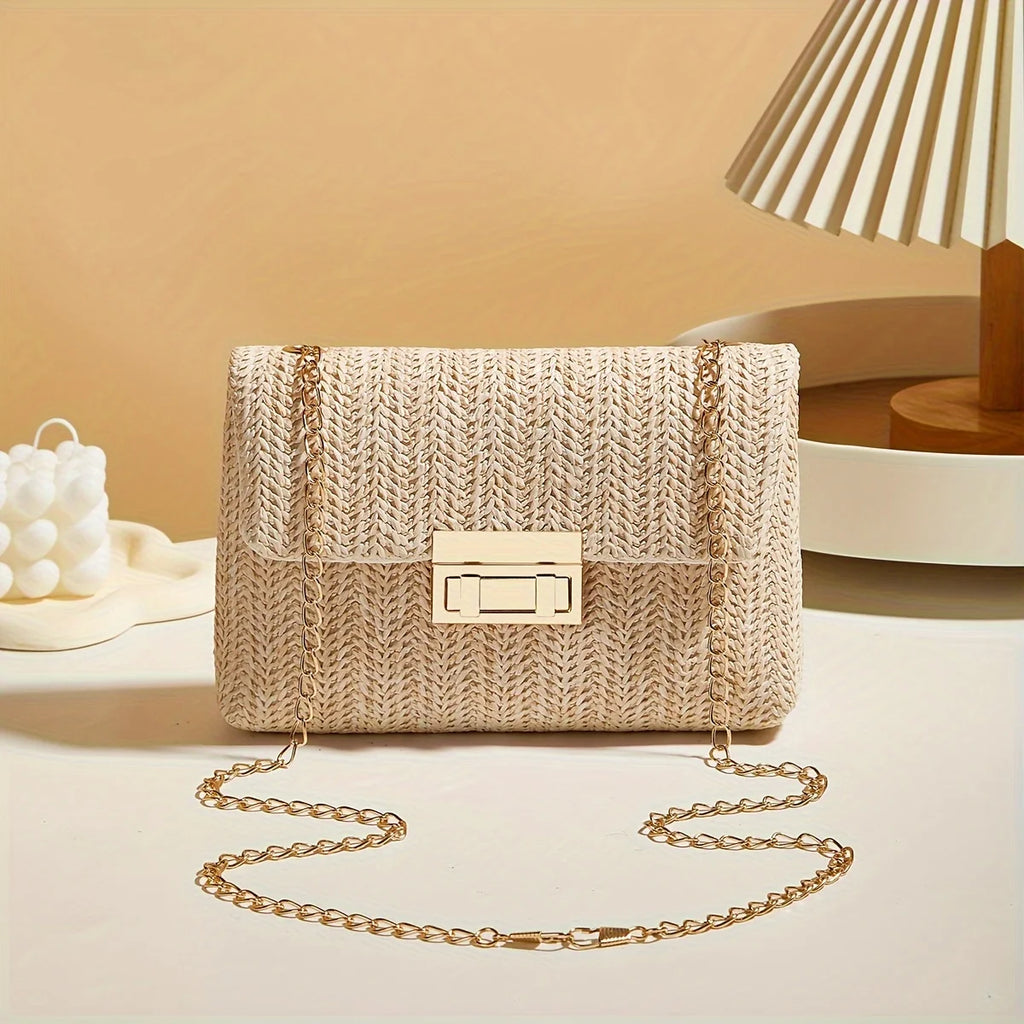Woven Straw Handwoven Women's Shoulder Bag, Fashion Solid Color Crossbody Purse with Lock Closure