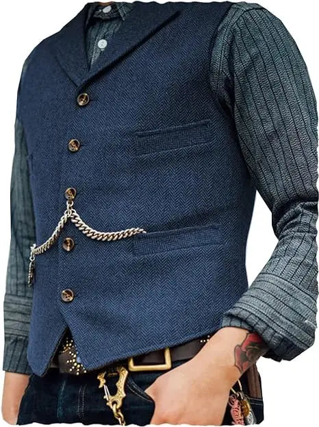 R&z - Vest Lapel V Neck Herringbone Casual Business Vest Waistcoat Groomman For Wedding Tweed Business Waistcoat