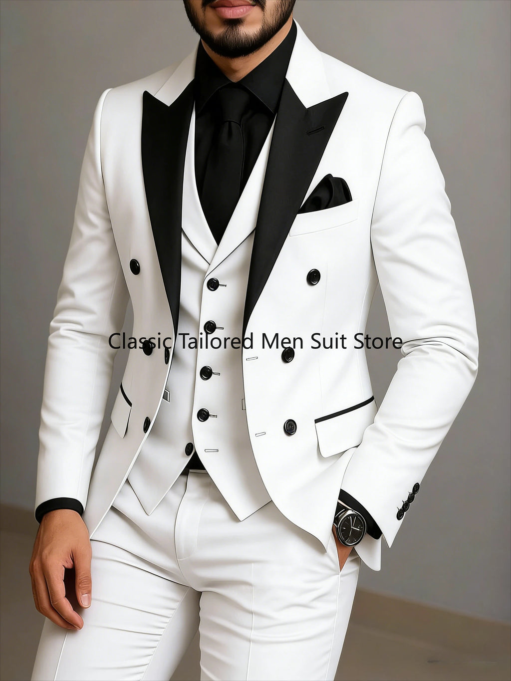 Beige Double Breasted Suit  Black Lapel  Slim Fit Wedding Suit