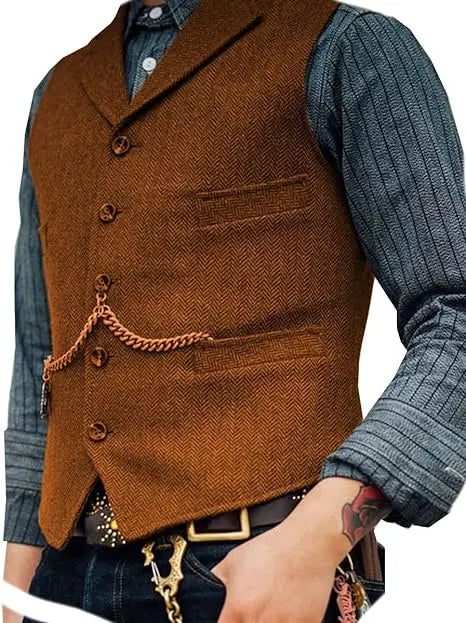 R&z - Vest Lapel V Neck Herringbone Casual Business Vest Waistcoat Groomman For Wedding Tweed Business Waistcoat
