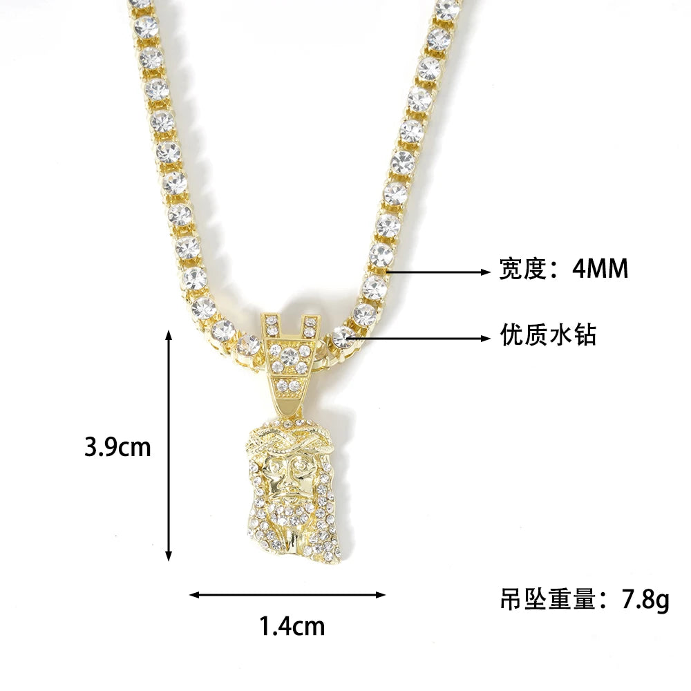 Hip Hop Jesus Human Head Luxury Gold Plated Pendant Men 4mm Rhinestone Tennis Chain Necklace Sparkling Women Punk Jewelry Gift