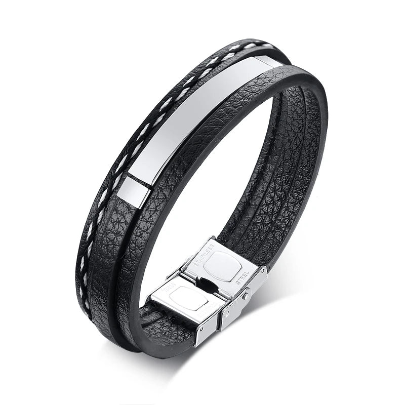 Vnox Custom Logo Name Quote Engrave Multi-layer Leather Bracelets for Men Stainless Steel ID Bangle Personalize Dad Father Gift