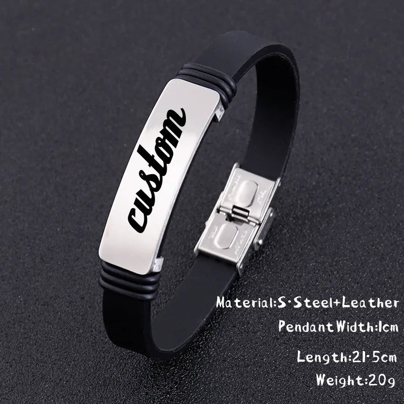 Custom Name Logo Any Text Engraved Leather Bangle & Bracelet Personalized Stainless Steel Bracelets For Women Men ID Bracelet