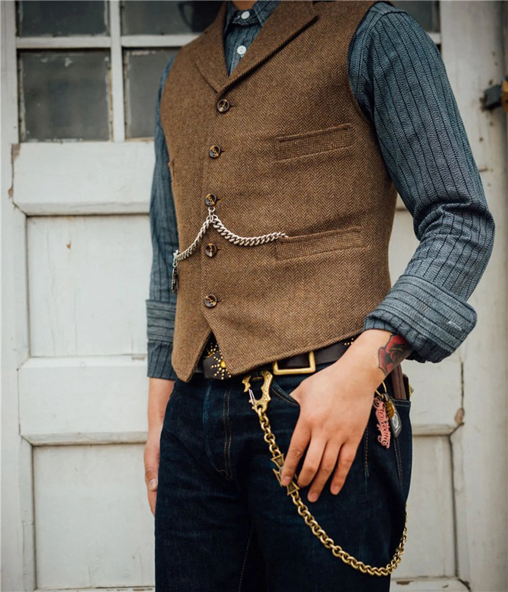 R&z -  Vest Lapel V Neck Wool Herringbone Casual Brown Waistcoat Casual Formal