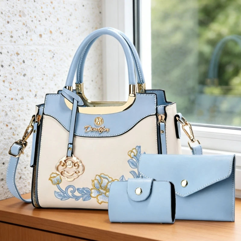 3-piece set of high-quality embroidered handbags, suitable for daily outings, dates and work. Fashionable versatile color-blocki