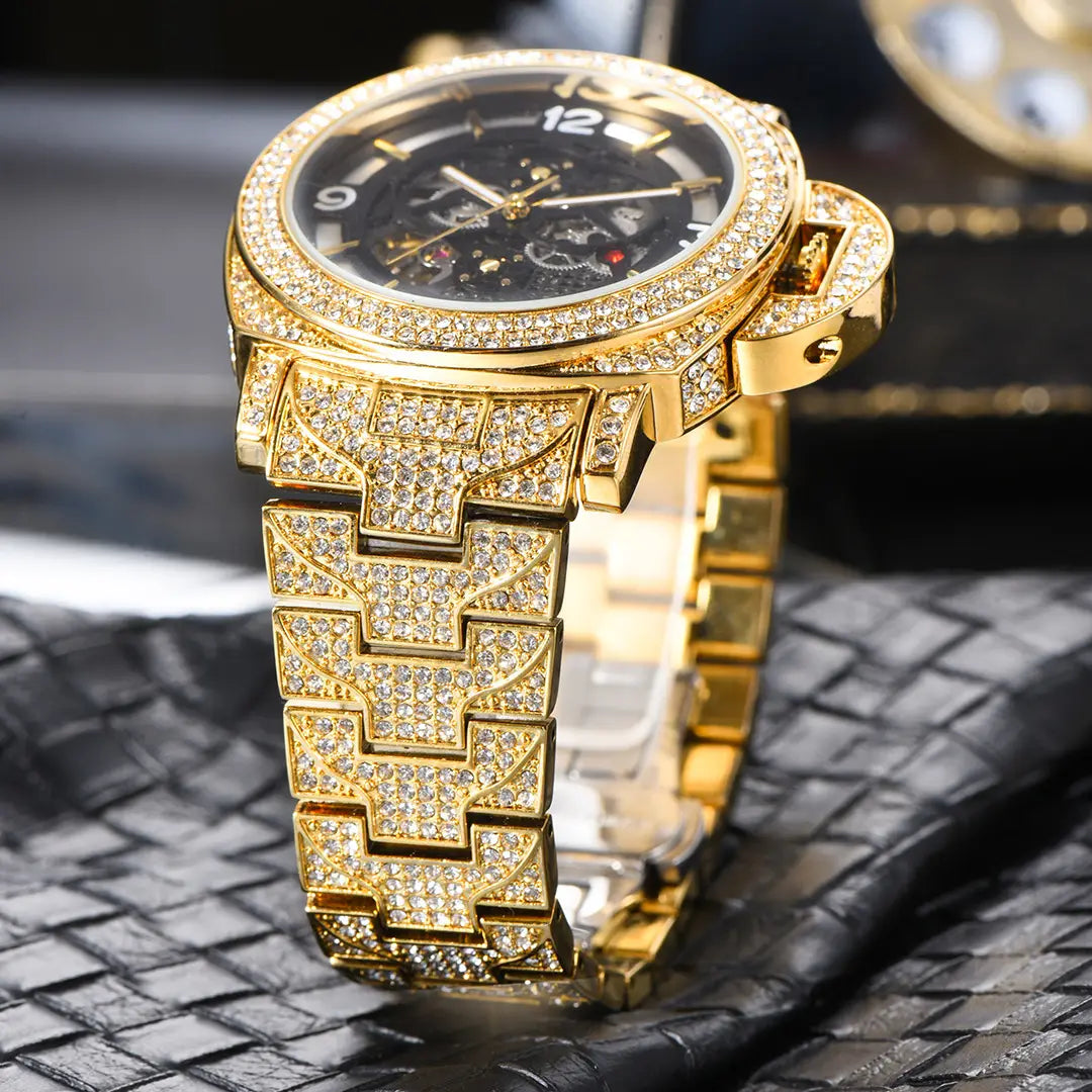 Men's Full Diamond Luminous Hollow Out Bottom Mechanical Watch