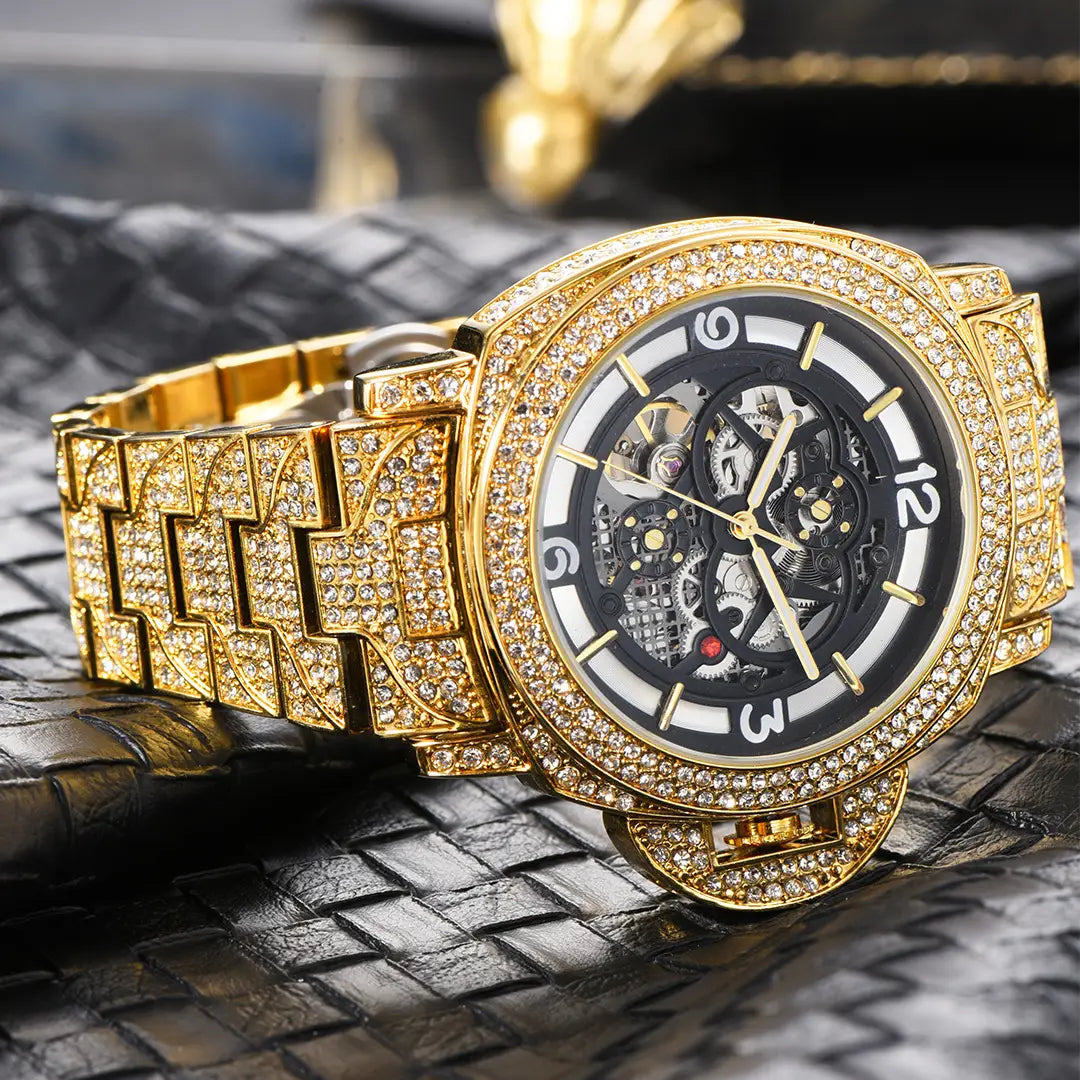 Men's Full Diamond Luminous Hollow Out Bottom Mechanical Watch